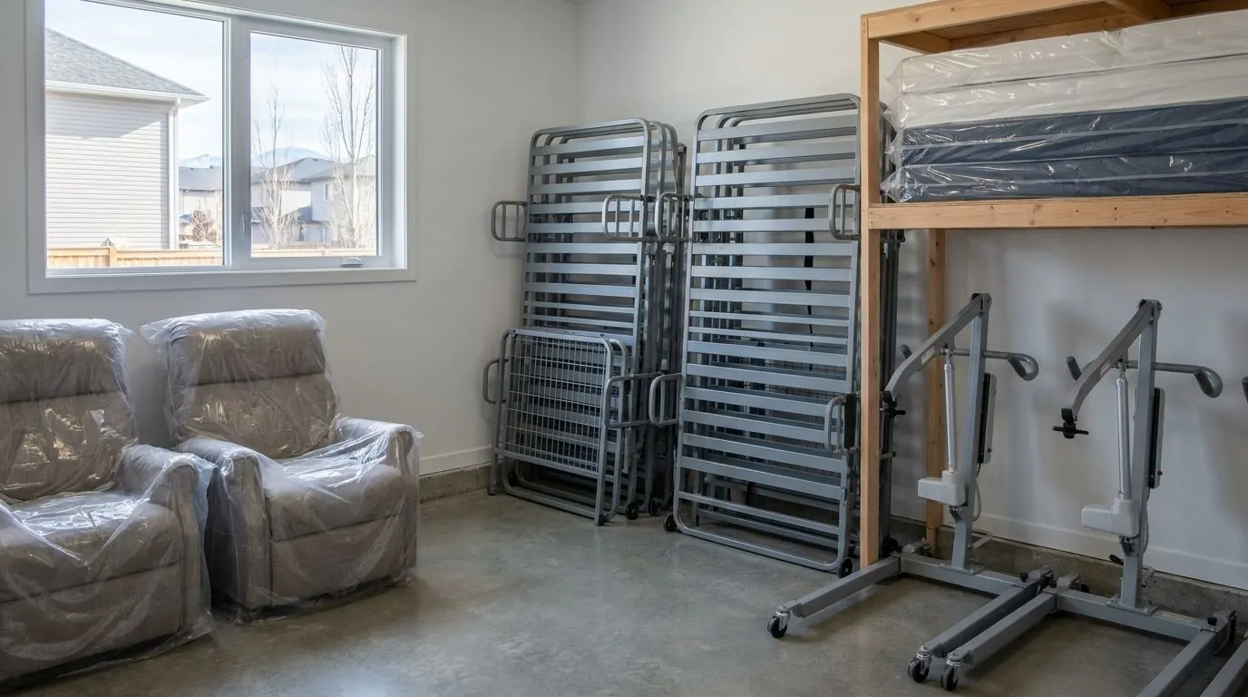 A clean, organized equipment room with folded hospital bed frames, wrapped mattresses, lift chairs covered in clear plastic and patient lifts lined up along a wall.