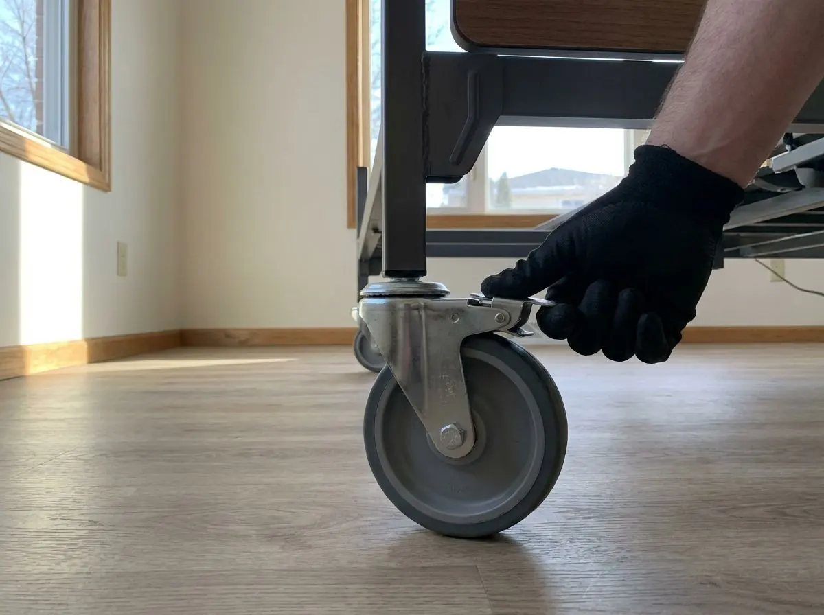A gloved hand pressing the lock pedal on a heavy-duty caster under a wide hospital bed frame on a laminate floor.