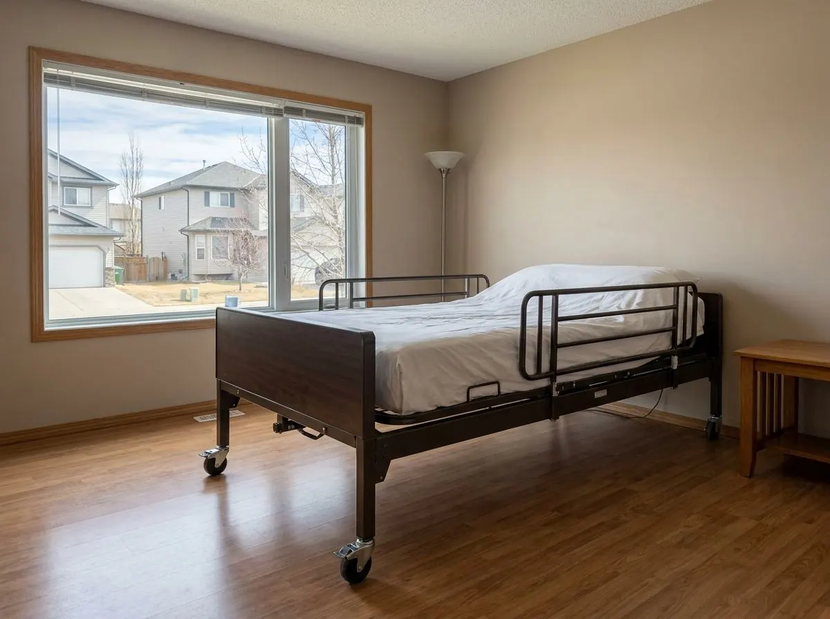 An extra-wide heavy-duty hospital bed with a sturdy steel frame and wide mattress set up in a spacious ground-floor room, with room left on both sides for caregivers.