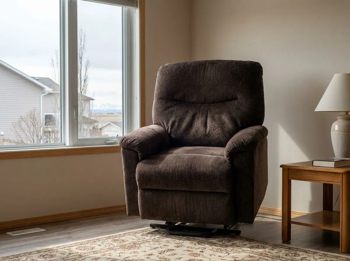 An extra-wide dark brown upholstered lift chair with broad arms and a deep seat, sitting upright in a living room.