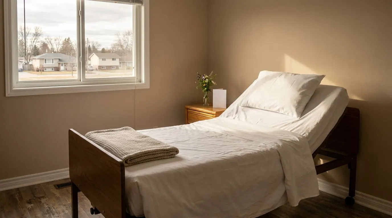 A freshly made hospital bed with the head slightly raised in a quiet bedroom, a folded blanket and a welcome-home card on the nightstand, afternoon light through the window.