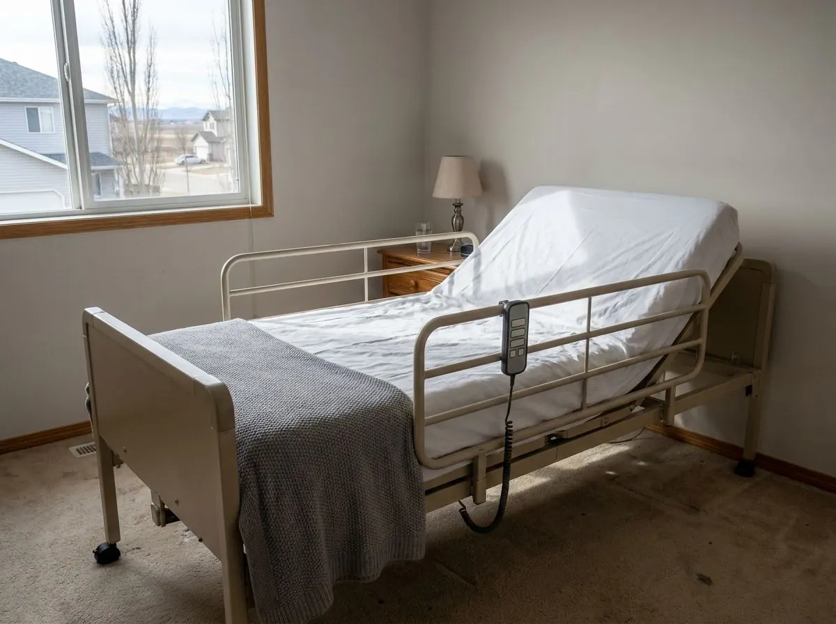 A full-electric hospital bed in a home bedroom with the head section raised to a sitting angle, half rails up and a corded hand pendant clipped to the rail.