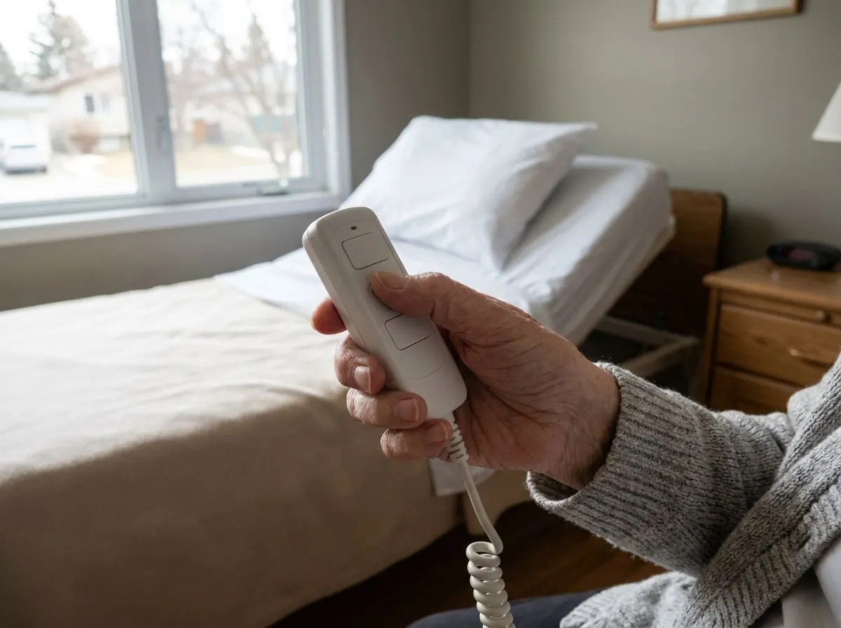 Close view of an older person’s hand holding a hospital bed hand pendant, with the made bed and raised head section softly out of focus behind.