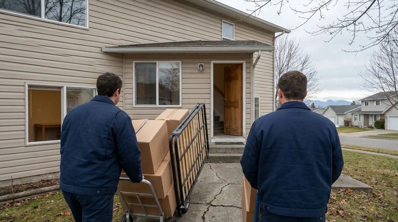 Two delivery workers, seen from behind, wheel boxed hospital bed sections up a short concrete walkway to the front door of a vinyl-sided Calgary house.