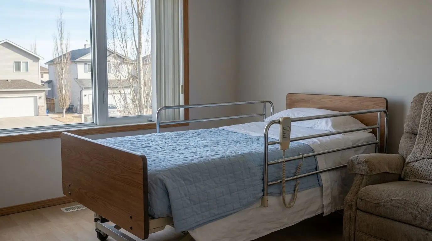 A full-electric home care hospital bed with metal side rails, made up with white sheets and a pale blue quilt, set up beside a large window in a bright living room.