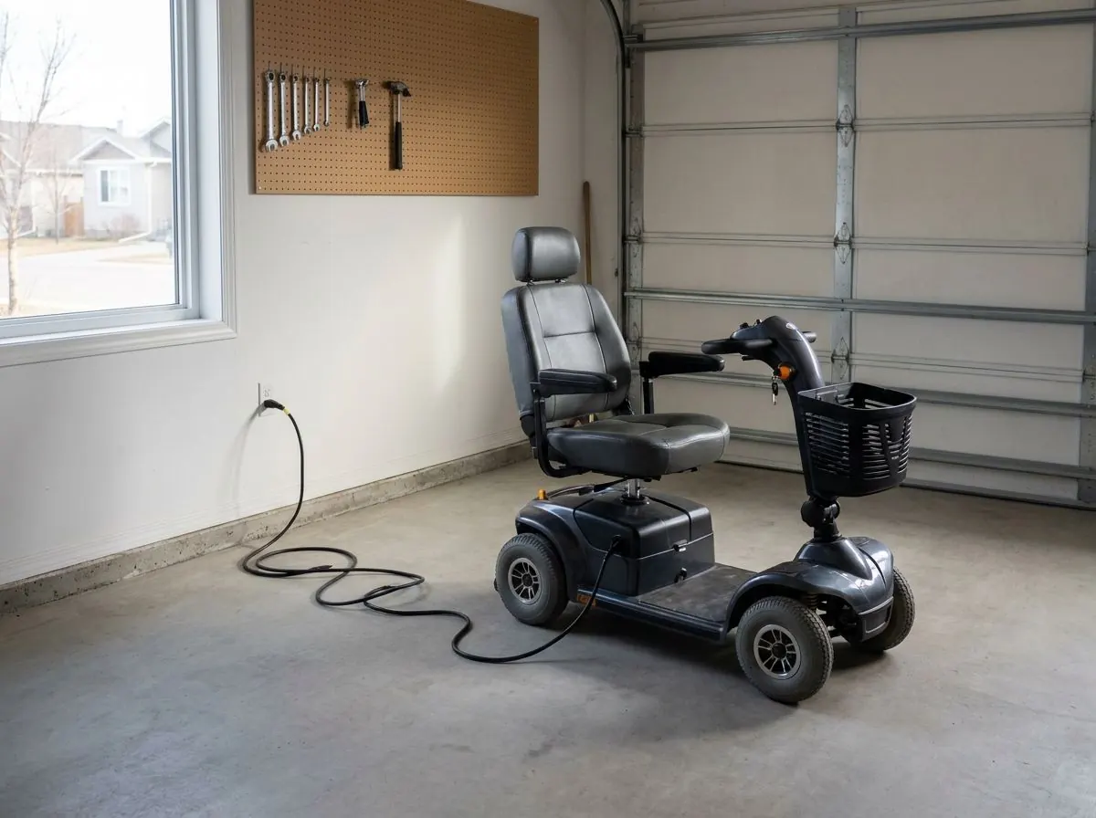 A four-wheel mobility scooter parked in a tidy attached garage with a charger cable plugged into the wall.