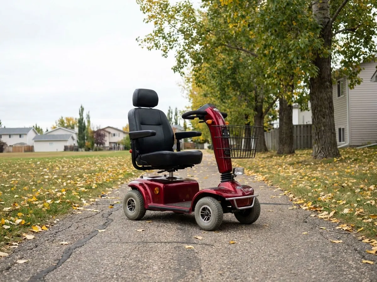 A red four-wheel mobility scooter with a padded captain’s seat and front basket parked on a paved neighbourhood pathway beside a park in autumn.