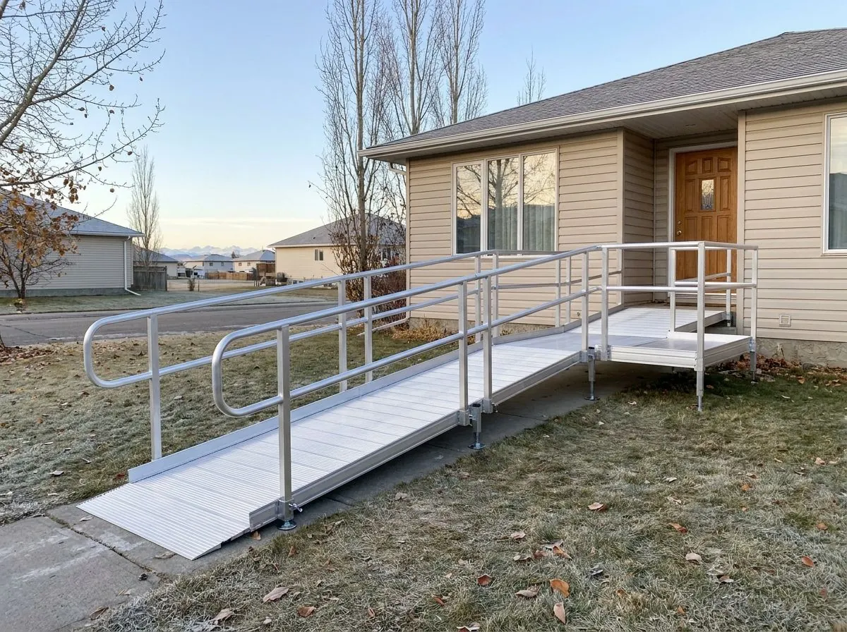 A modular aluminum wheelchair ramp with handrails on both sides running along the front of a vinyl-sided bungalow up to a level platform at the front door.