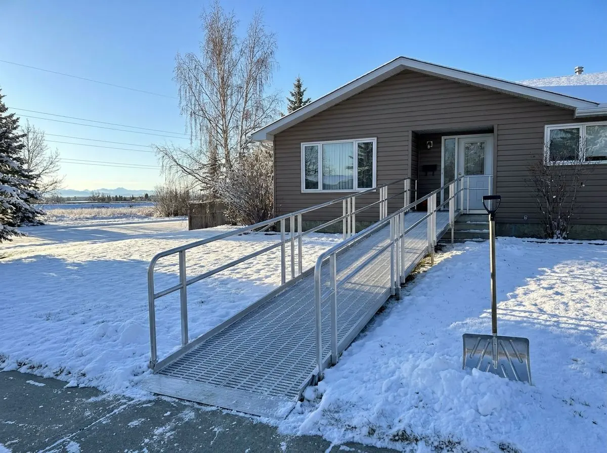 A single aluminum access ramp with handrails, shovelled clear of snow, leading to the front door of a bungalow on a winter morning.