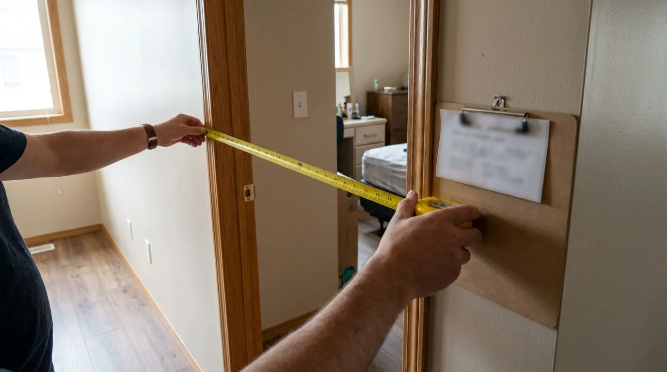 Hands holding a tape measure across a bedroom doorway, with a clipboard of notes held against the frame, softly out of focus.