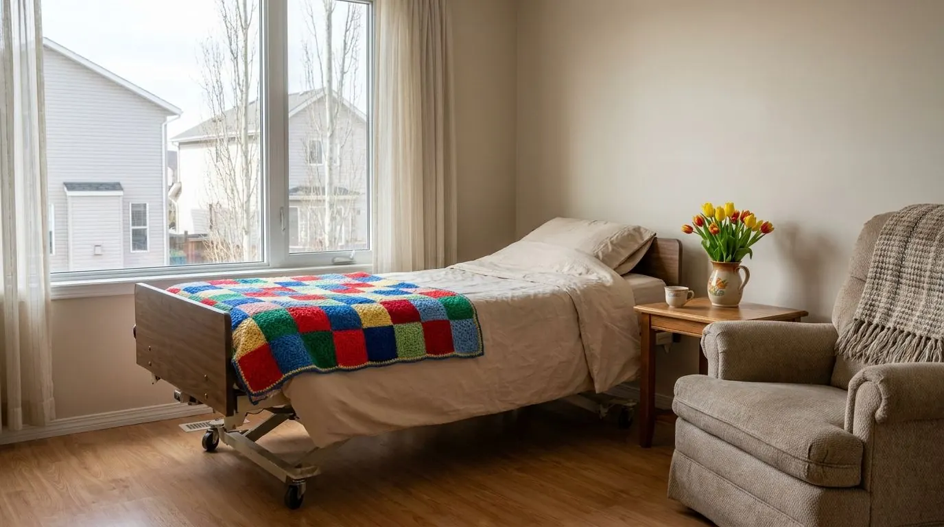 A hospital bed made up with a hand-knit patchwork quilt beside a sunny living room window, with an armchair and a vase of tulips close by.