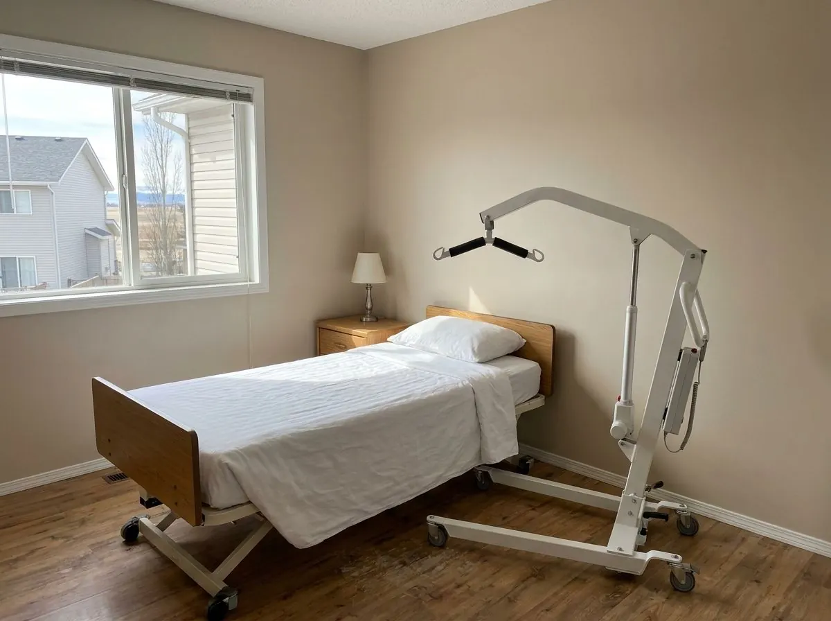 A white battery-powered patient floor lift with a tall mast and curved boom standing beside a made hospital bed in a home bedroom.