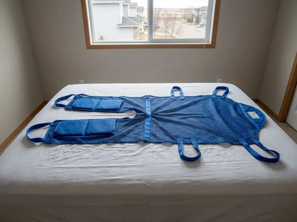 A blue mesh full-body patient lift sling with fabric loop straps laid flat across a made bed.