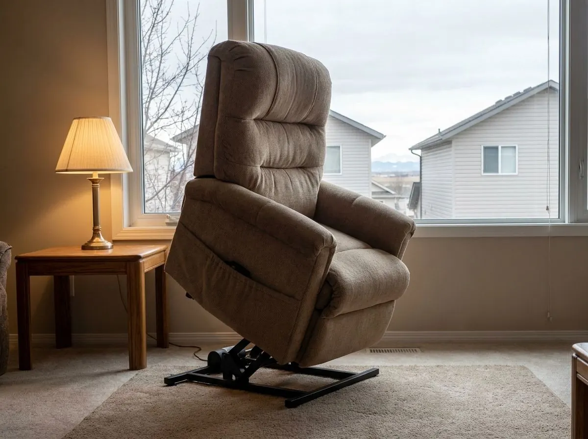 A tan upholstered power lift recliner in a living room with its whole seat raised and tilted forward, ready to help someone stand.