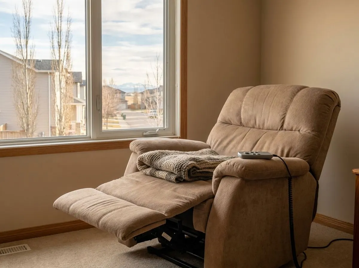 The same style of lift recliner fully reclined, footrest extended, with a folded blanket and a corded remote on the seat.