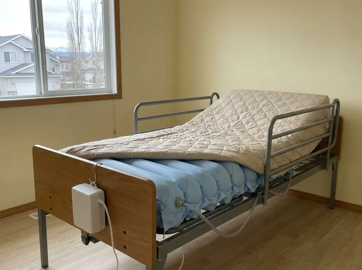 A hospital bed with its fitted cover folded back to show a row of blue air cells running across the mattress, with a small pump unit hooked over the footboard.