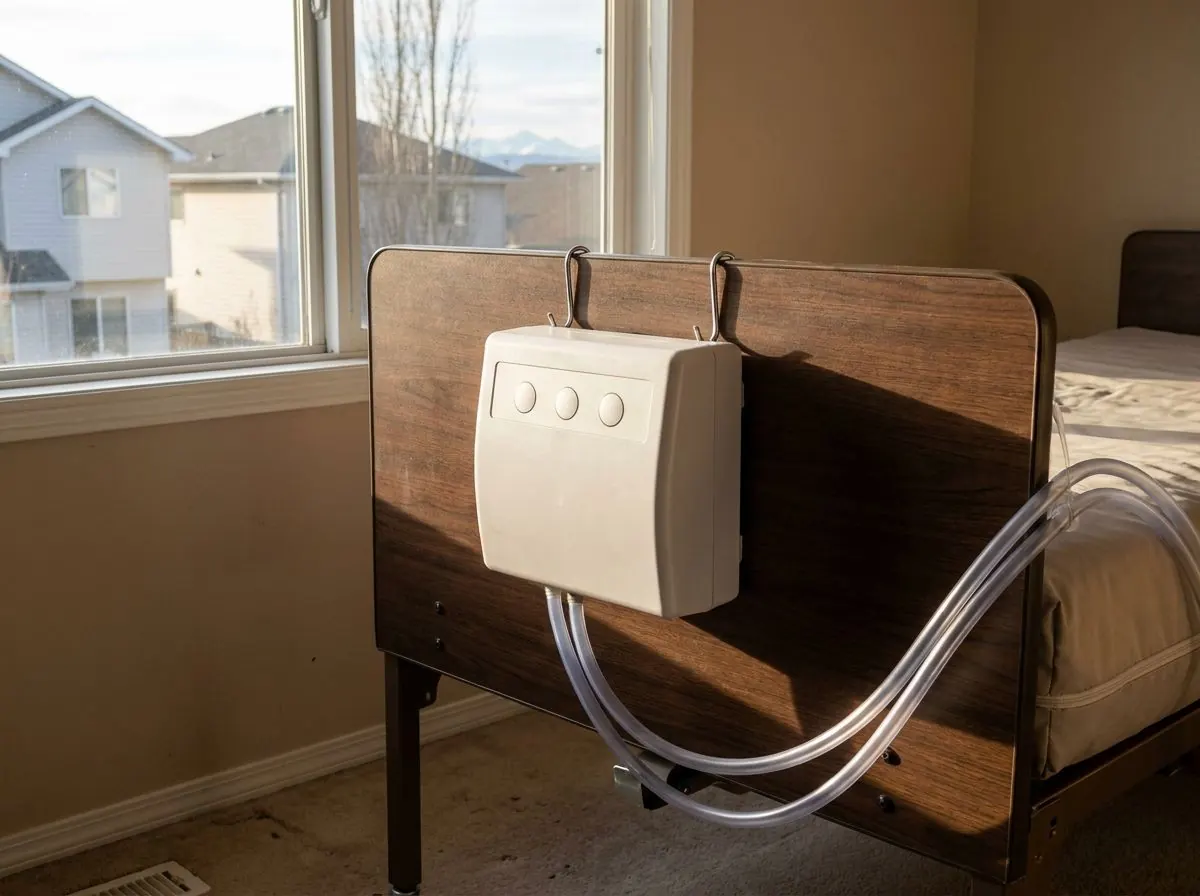 Close view of a compact white air pump hooked over the footboard of a hospital bed, with air hoses running to the mattress.