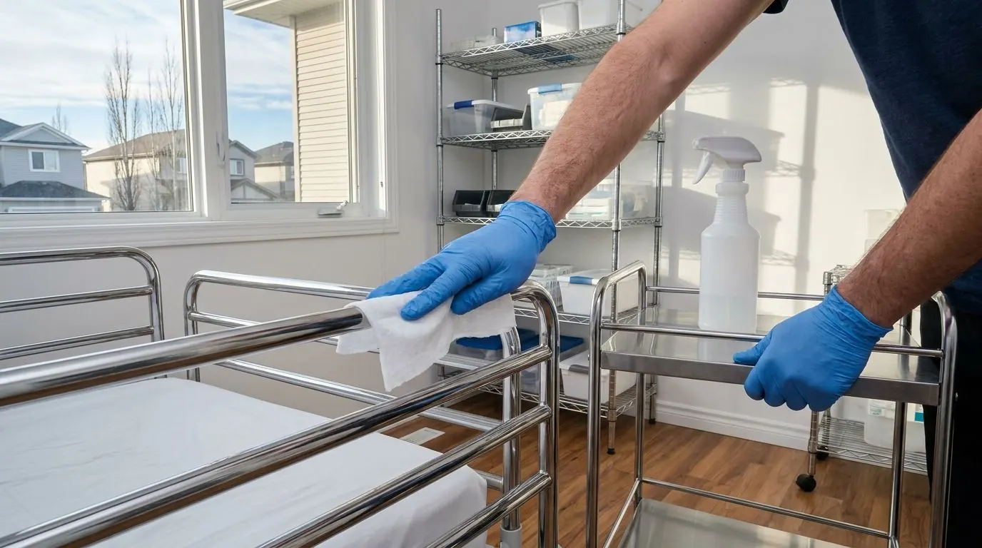 Hands in blue nitrile gloves wiping down the side rail of a hospital bed with a disposable cloth in a clean, well-lit equipment room.
