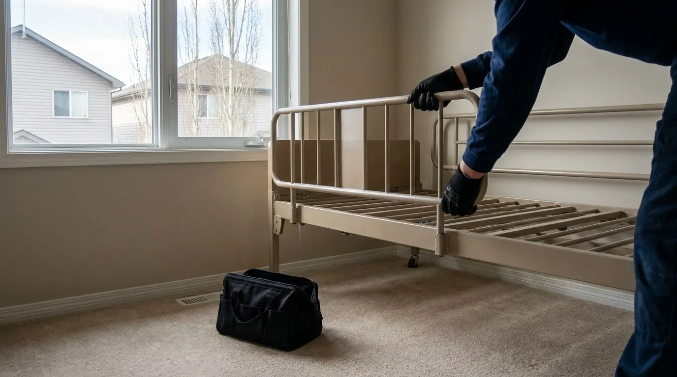 A technician’s gloved hands fitting a metal side rail onto a hospital bed frame in a bedroom, with a small toolbag on the floor.