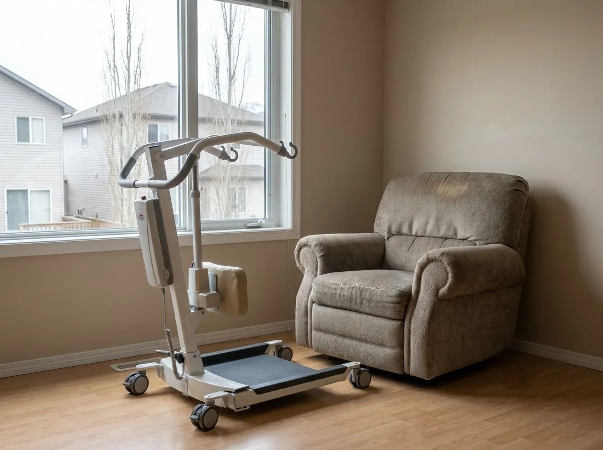 An electric sit-to-stand lift with a padded knee support, footplate and handles, positioned in front of an armchair in a living room.