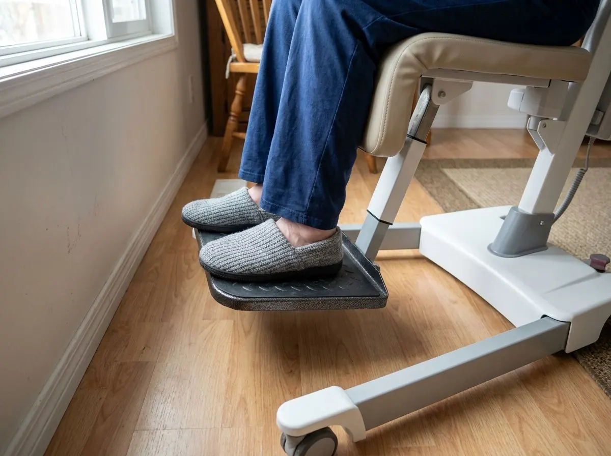 Close view of feet in grippy slippers placed on the footplate of a sit-to-stand lift, shins resting against the padded knee support.