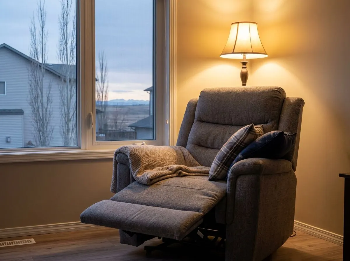 A partly reclined grey lift chair in a dim evening living room, with pillows arranged along one side and a soft blanket, set up for sleeping.