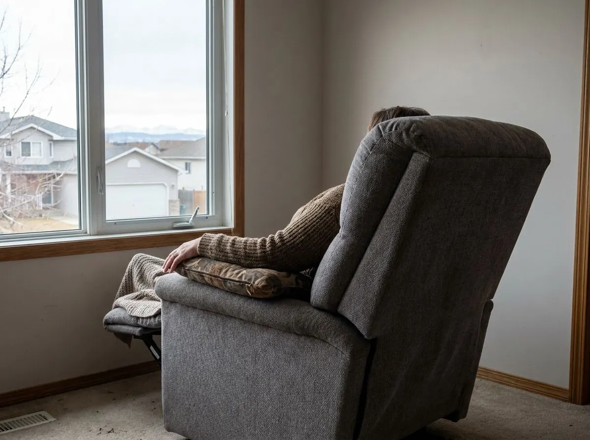 A person seen from behind the chair, resting in a reclined lift chair with an arm supported on a pillow, a blanket over their lap.