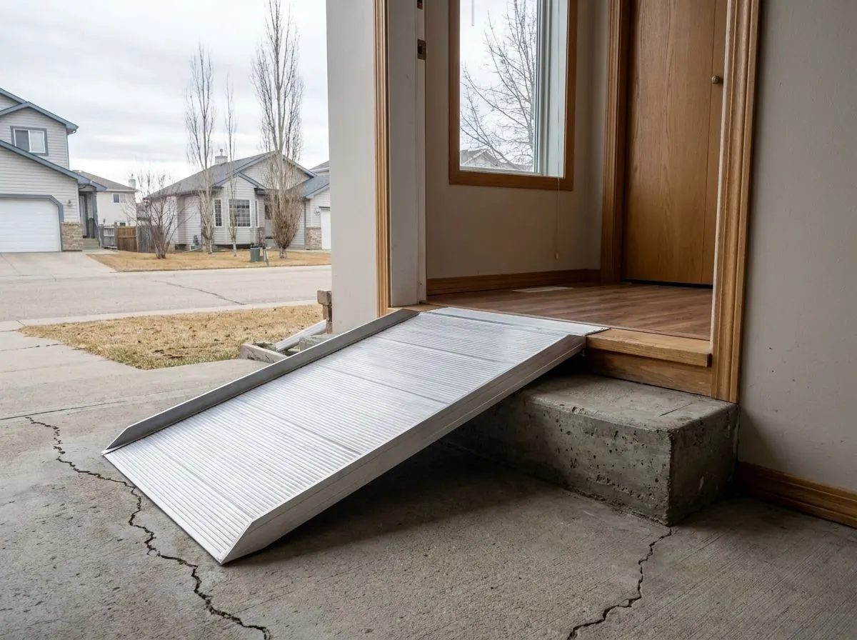 A short aluminum ramp with a ribbed surface covering a single low step up to a front door.