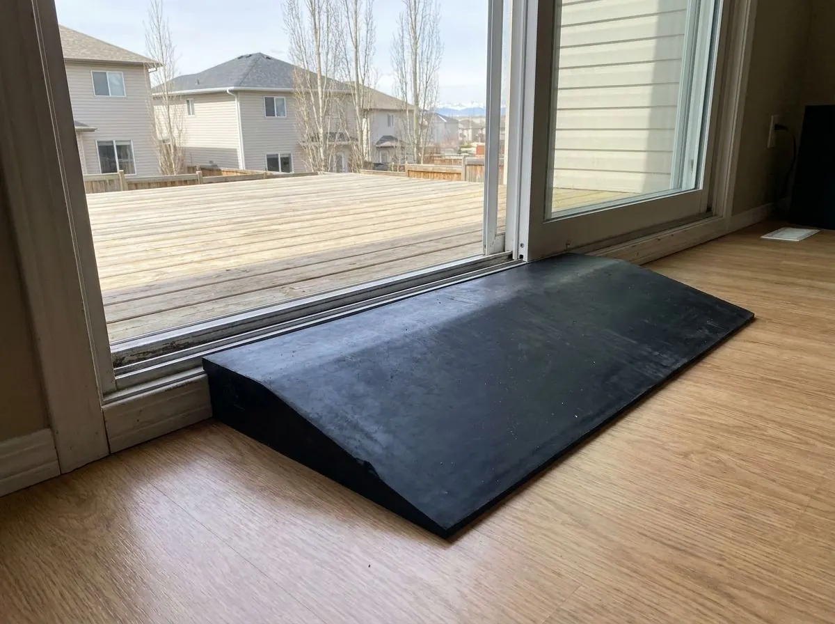A black rubber wedge-shaped threshold ramp sitting over the raised track of an open sliding patio door, between a laminate floor and a wooden deck.